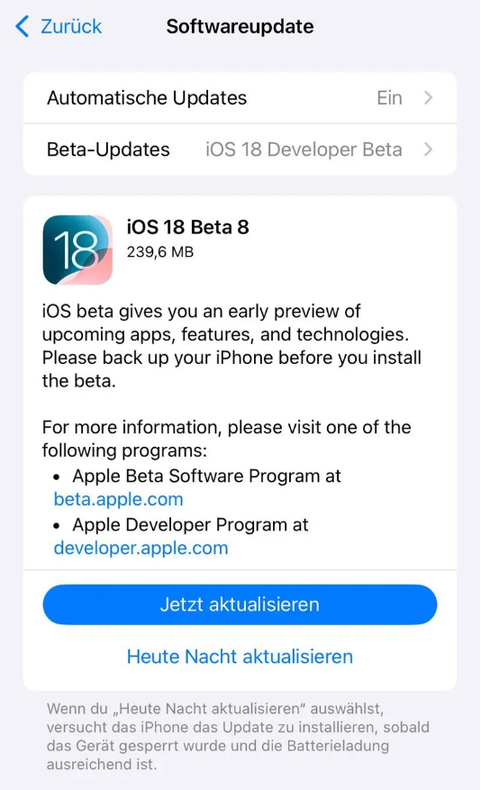 通山苹果手机维修分享苹果 iOS / iPadOS 18 开发者预览版 Beta 8 发布 